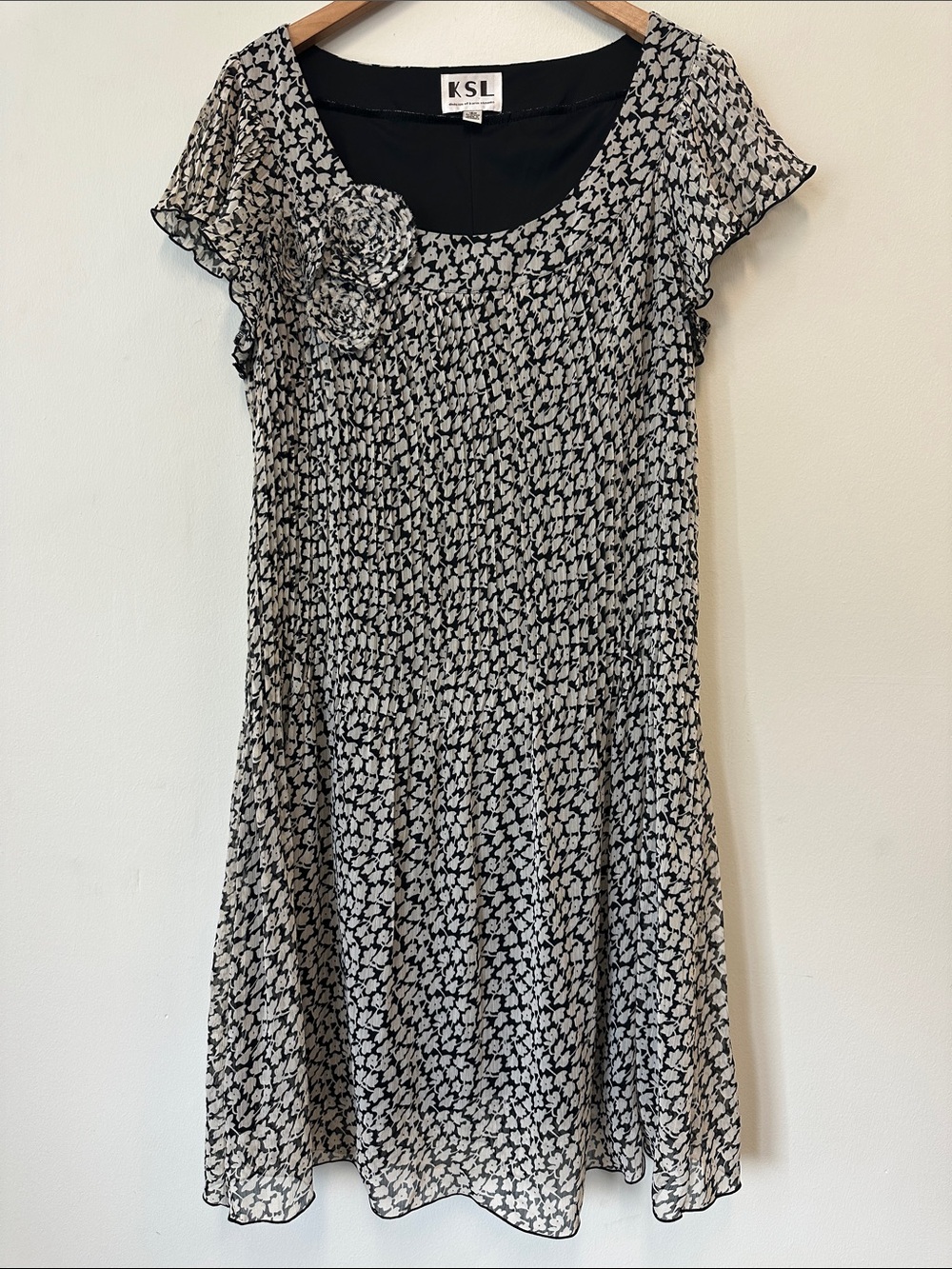 Vintage KSL Black and White Floral Midi Dress with Scoop Neck